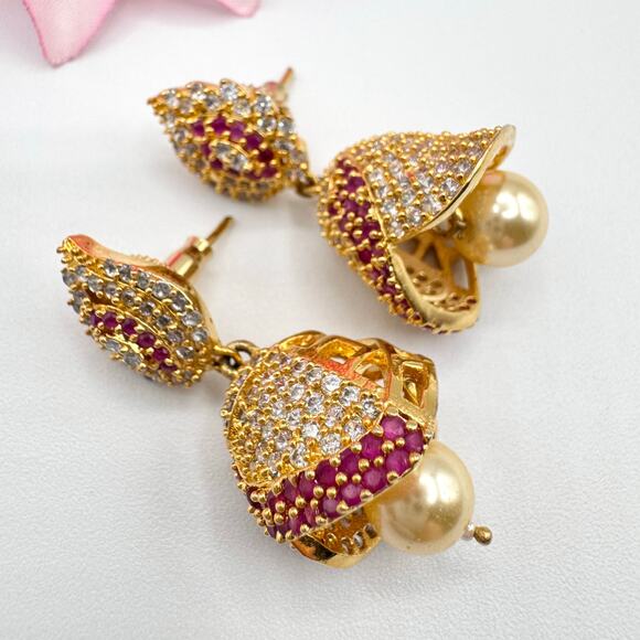 Jeweled Jhumka Drop Earrings Bell Chime Sound India Wedding CZ Ruby? Occasion - Picture 2 of 11